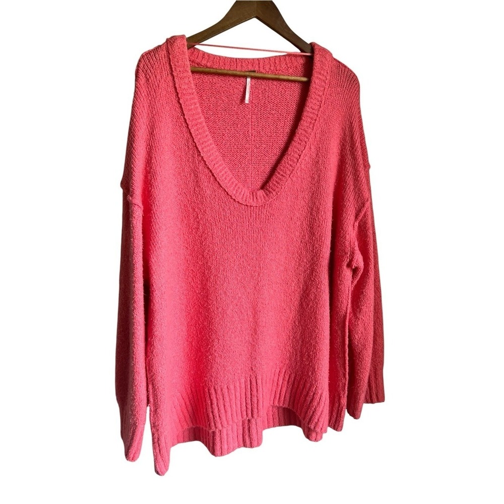 Free People Sweater Womens Large Pink Oversized V Neck Slouchy Knit Boho Chunky‎